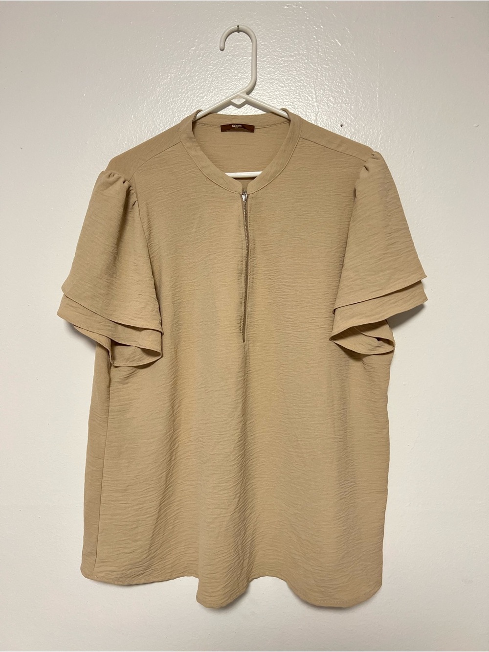 Gaharu Beige Short-Sleeve Women Blouse with Front Zip Size XXL